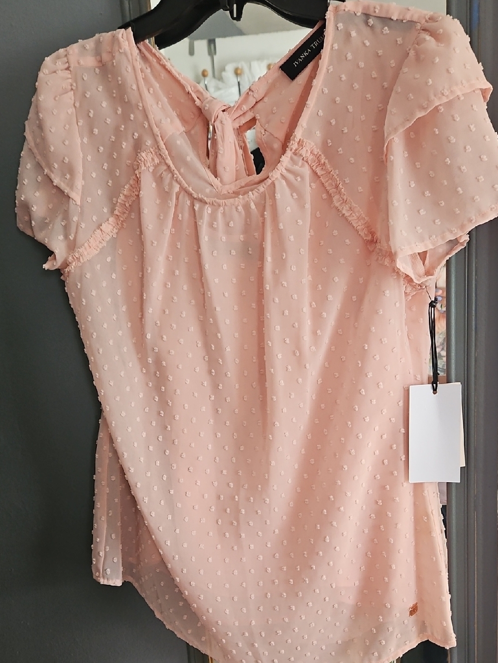 Ivanka Trump Blush Pink Swiss Dot Tie-Back Flutter Sleeve Blouse